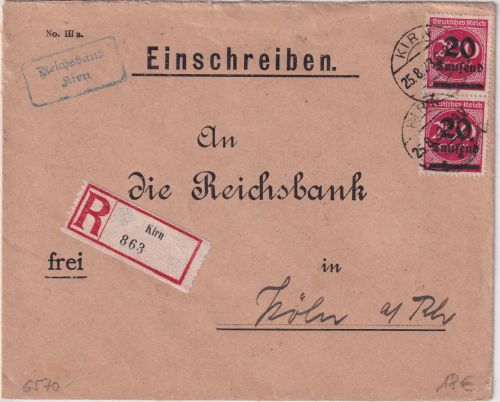 DR-Infla - 2x20 Tsd./200 M. Einschreibebrief Kirn - Köln 25.8.23