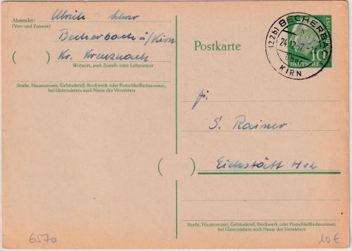 BRD - (22b) Becherbach ü. Kirn Poststelle I Ganzsache n. Eichstätt 1957