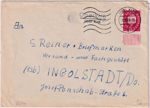 BRD - Oberkirn ü. Kirn aptierter Landpost-L2 Brief n. Ingolstadt 1960
