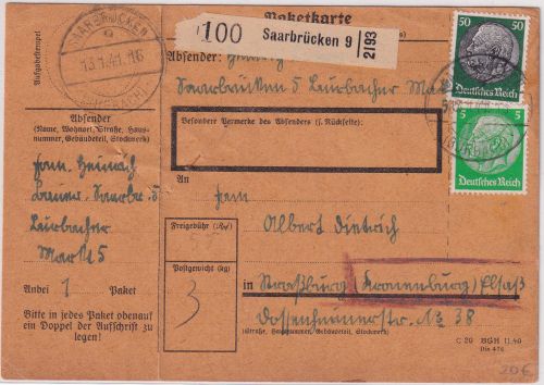 DR - 50+5 Pfg. Hindenburg Paketkarte Saarbrücken 9 - Strassburg 1941
