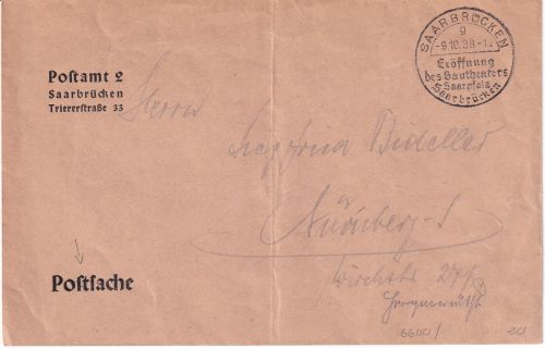DR - Saarbrücken 9.10.38 Eröffnung Gautheater ESST a. Postsache n. Nürnberg