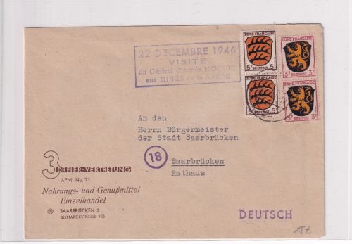 FZ/Allg. - Saarbrücken 1946 Nebenstpl. "22. Decembre 1946 Visite..." Ortsbrief
