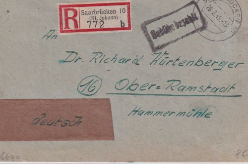 Saar - Saarbrücken 10 (St. Johann) Gebühr bezahlt Ra1 Einschreibebrief 1946