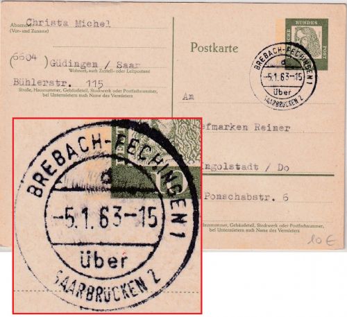 BRD - Brebach-Fechingen ü. Saarbrücken 2 apt. Poststelle I Ganzsache 1963
