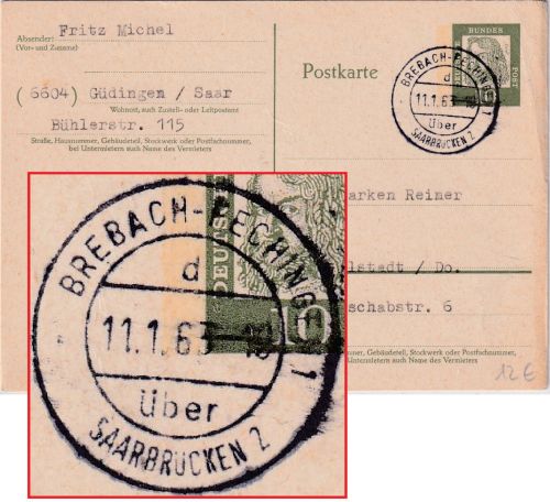 BRD - Brebach-Fechingen ü. Saarbrücken 2 apt. Poststelle I Ganzsache 1963