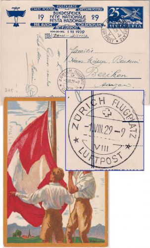 Schweiz - Bundesfeier 1929 Luftpost-Ganzsache Zürich - Berikon 1.8.29