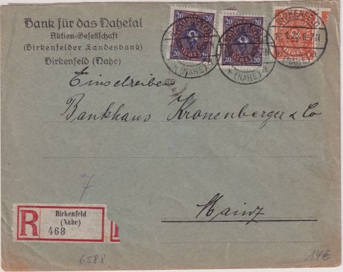 DR-Infla - 2x20+5 M. Posthorn Einschreibebrief Birkenfeld - Mainz 1923
