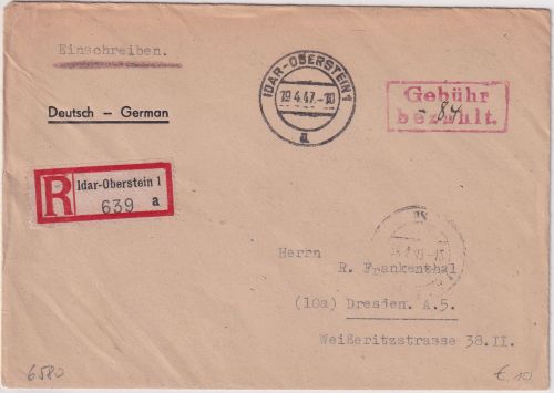 All.Bes. - Idar-Oberstein 1946 Gebühr bezahlt Ra2 Einschreibebrief n. Dresden