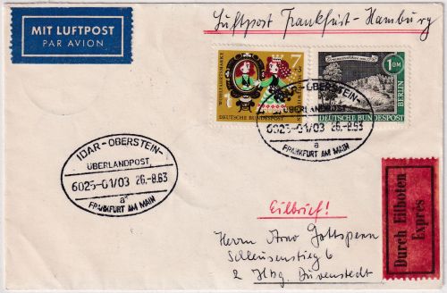 BRD - Idar-Oberstein Frankfurt a/M. Überlandpost 6025-01/03 Lupo-Eilbrief 1963
