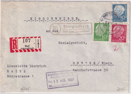 BRD - (16) Obergladbach ü. Bad Schwalbach Landpost-Ra2 Einschreibebrief 1957