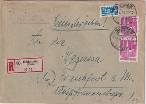 Bizone - 2x40 Pfg. Bauten Einschreibebrief Rüdesheim a/Rh. - Frankfurt a/M. 1951