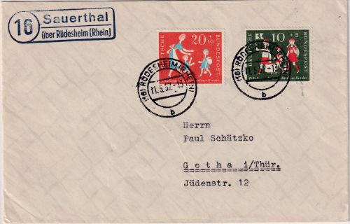 BRD - (16) Sauerthal ü. Rüdesheim (Rhein) Landpost-Ra2 Brief n. Gotha 1957