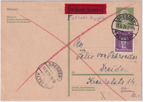 BRD - 5 Pfg. Hindenburg Ganzsache+Zusatz Eil-Ortskarte Dresden 1929