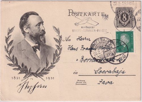 DR - 8 Pfg. Stephan Ganzsache+Zusatz n. NIEDERL. INDIEN Hamburg - Soerabaja 1931