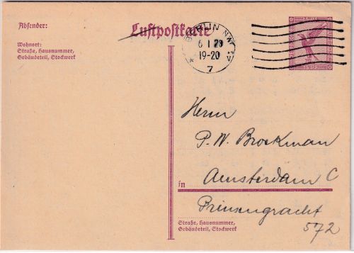 DR -15 Pfg. Adler Ganzsache n. HOLLAND Berlin - Amsterdam 1929
