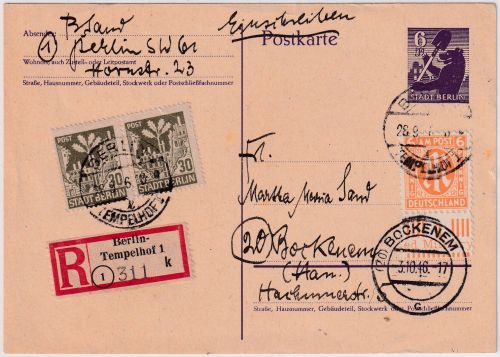 All.Bes./Berlin-Brandenburg - 6 Pfg. Bär Ganzsache+Zusatz Einschreibekarte 1946