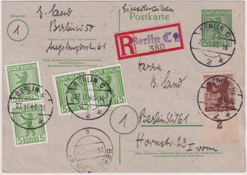 All.Bes./Berlin-Brandenburg - 5 Pfg. Bär Ganzsache+Zusatz Einschreibekarte 1946