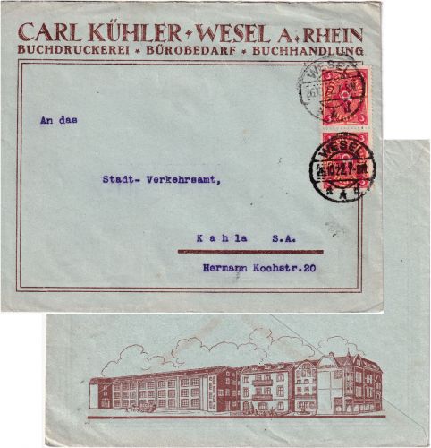 DR-Infla - 2x3 M. Posthorn illustr. Firmenbrief Wesel - Kahla 1922