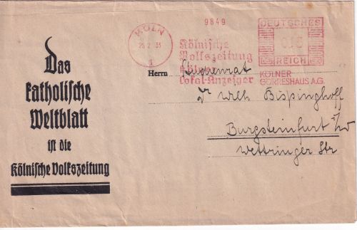 DR - Köln 1933 15 Pfg. AFS "Kölnische Volkszeitung" Streifband n. Burgsteinfurt