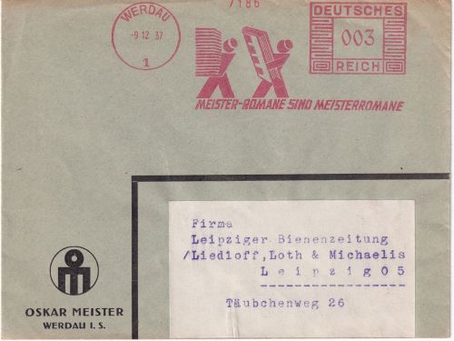 DR - Werdau 1937 3 Pfg. AFS "Meister Romane" Drucksache n. Leipzig