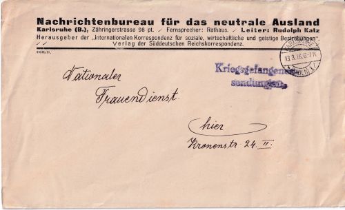 DR - Karlsruhe 1916 Ortsbrief Kriegsgefangenensendung Vordruck !