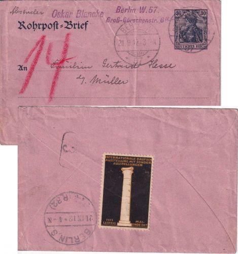 DR - 30 Pfg. Germania Ganzsache Rohrpostbrief Berlin N57 1912 - Vignette