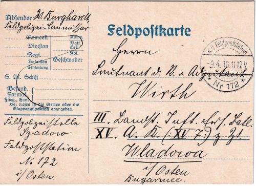 DR - K.D.Feldpoststation Nr. 172 (Feldpolizeistelle Szadow) Feldpostkarte 1916