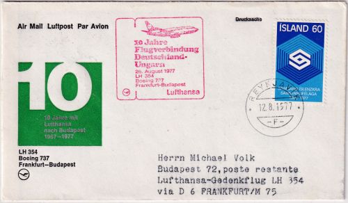 Island - Lufthansa Sonderflug 10 J. D-HU Frankfurt Budapest Zuleitungspost 1977