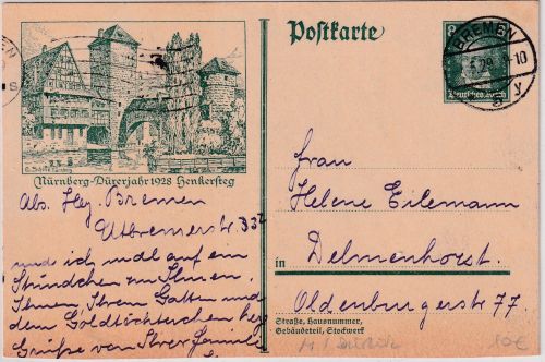 DR - 8 Pfg. Beethoven Bildganzsache (Dürerjahr) Bremen - Delmenhorst 1929
