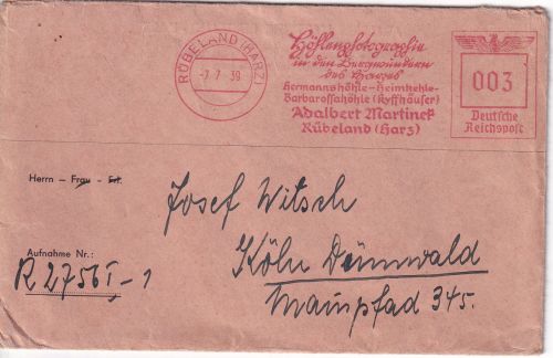 DR - Rübeland (Harz) 1939 3 Pfg. AFS "Höhlenfotographie" Drucksache n. Köln