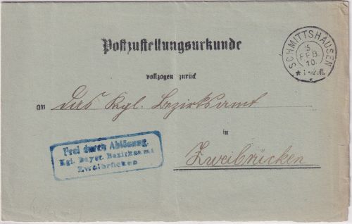 Bayern - Schmittshausen 5.FEB 10 seltener K2 Frei d. Ablösung Postzustellurkunde