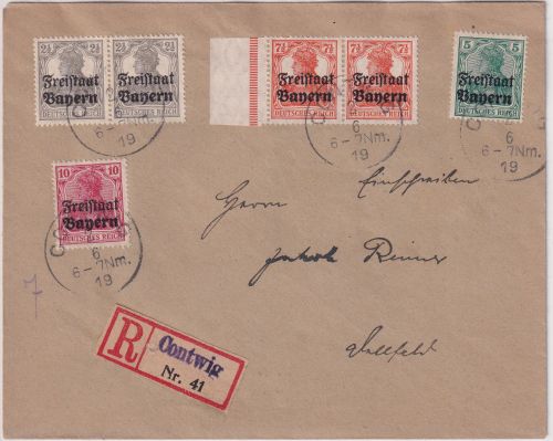 Bayern - Germania/Freistaat "Pfalzausgabe" Einschreibebrief Contwig 2.6.19