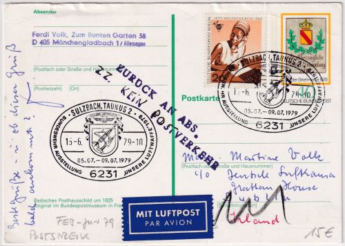 BRD/Postsperre - Sulzbach 1979 Luftpostkarte n. IRRLAND Poststreik