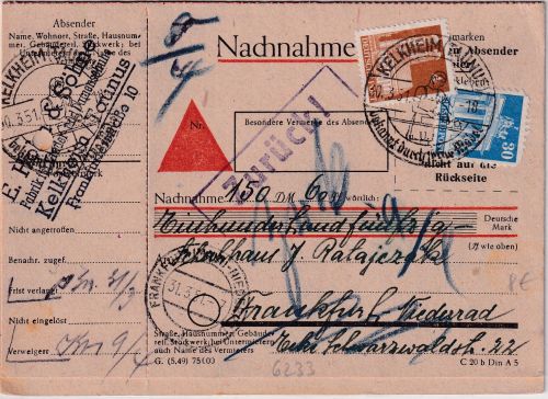 Bizone - 30+4 Pfg. Bauten Nachnahmedrucksache Kelkheim - FFM 1951 Retour