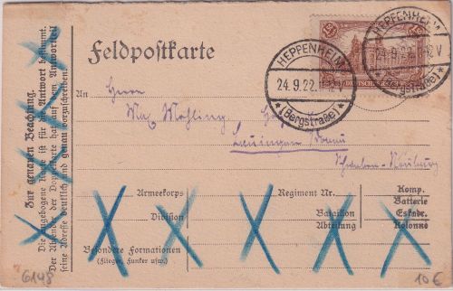 DR - 1,50 M. Postamt Karte Heppenheim - Lauingen 1922