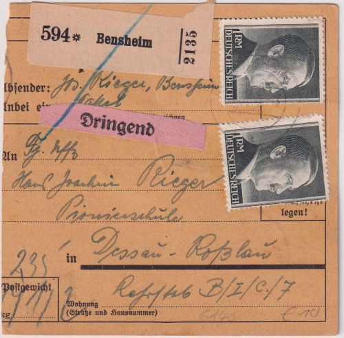 DR - 2x2 RM AH u.a. Dringend-Paketkarte Bensheim - Dessau 1943
