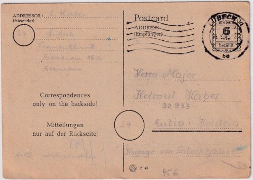 All.Bes./BZ - 6 Pfg. Ganzsache Behelfsausgabe/RPD Schwerin Lübeck Eutin 20.8.45