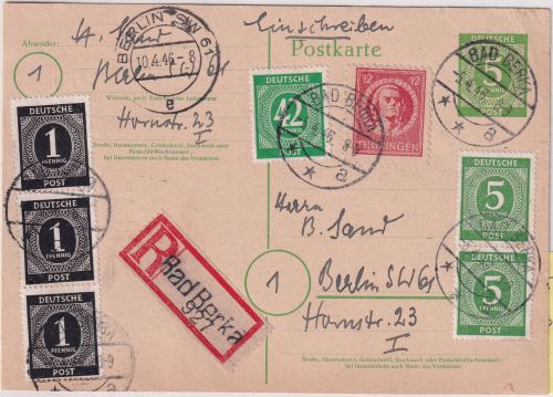 All.Bes. - 5 Pfg. Ziffer Ganzsache+Zusatz Einschreibekarte Bad Berka Berlin 1946