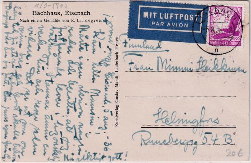 DR - 40 Pfg. Adler/Weltkugel Luftpostkarte n. FINNLAND Eisenach Helsingfors 1936