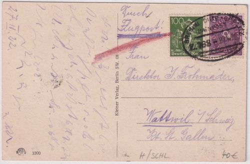 DR-Infla - 2 M. Posthorn u.a. Luftpostkarte i.d. SCHWEIZ 1922