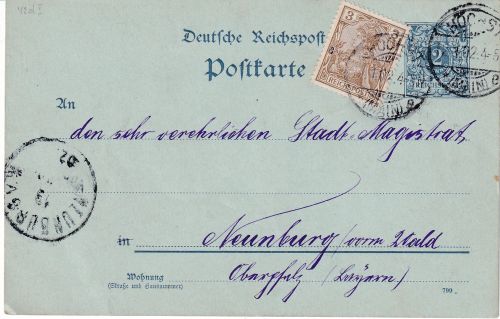 DR - 2 Pfg. K/A Ganzsache + 3 Pfg. Germania/Reichspost Höchst - Neunburg/vW 1902