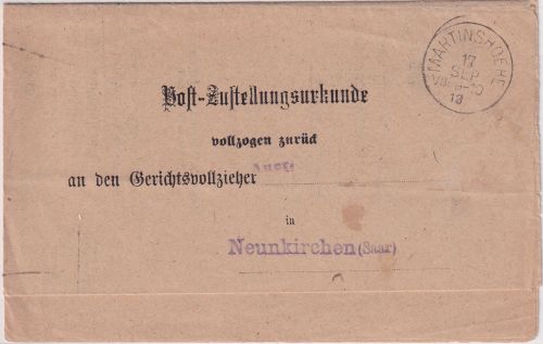 Bayern - Martinshoehe 1913 K1 Postzustellurkunde n. Neunkirchen