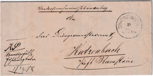 Bayern - Schönenbach (1878) K1 Dienstbrief n. Katzenbach Post Ramstein