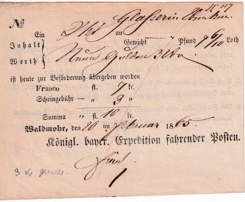 Bayern - Waldmohr 1865 Fahrpostaufgabeschein m. Ortsvordruck