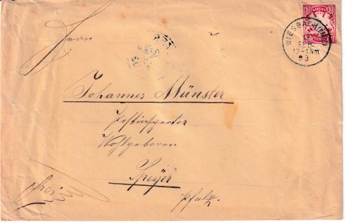 Bayern - Wiesbach (Pfalz) 1903 K1 10 Pfg. Wappen Brief n. Speyer
