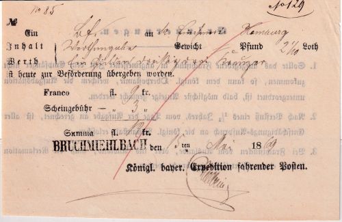 Bayern - Bruchmühlbach L1 Fahrpost-Aufgabeschein 1869
