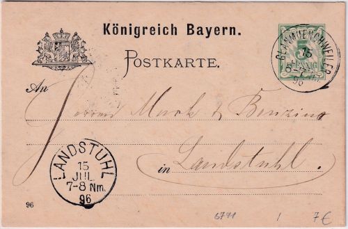 Bayern - Glanmuenchweiler 15. JUL 96 K1 Ganzsache n. Landstuhl