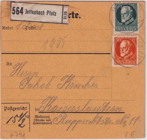 Bayern - 60+30 Pfg. Ludwig Paketkarte Jettenbach - Kaiserslautern 1917