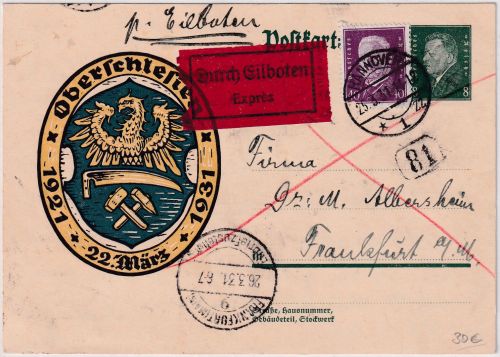 DR - 8 Pfg Ebert Sonder-GA "Oberschlesien" +Zusatz A-Teil Eilkarte Hannover 1931