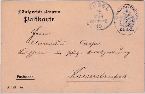 Bayern - Kusel 1919 Postsache/Karte n. Kaiserslautern - Text !!